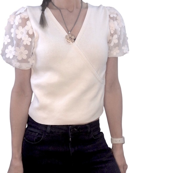 French Connection Women M White Knit Sweater Top Faux Wrap Cottagecore Victorian - Picture 2 of 6